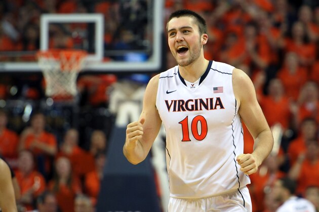 CHARLOTTESVILLE, VA - JANUARY 31: Mike Tobey #10 of the Virginia Cavaliers reacts against the Duke Blue Devils at John Paul Jones Arena on January 31, 2015 in Charlottesville, Virginia. (Photo by Lance King/Getty Images)