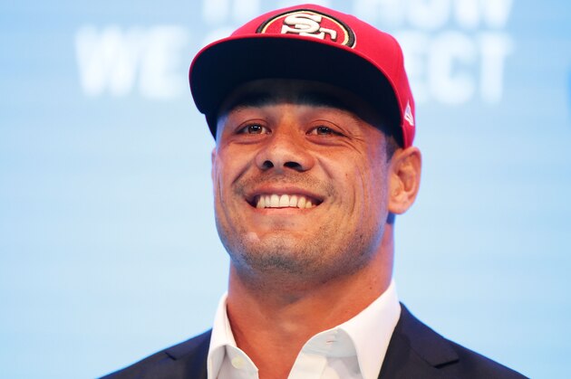 SYDNEY, AUSTRALIA - MARCH 03:  Jarryd Hayne speaks to the media during a press conference at the Telstra Amphitheatre on March 3, 2015 in Sydney, Australia. Hayne has signed a NFL futures contract with the San Francisco 49ers.  (Photo by Matt King/Getty Images)