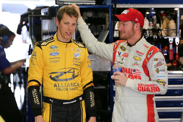 Aug 29, 2014; Hampton, GA, USA; NASCAR Sprint Cup Series driver Dale Earnhardt Jr. (right) and Brad Keselowski during practice for the Oral-B USA 500 at Atlanta Motor Speedway. Mandatory Credit: Kevin Liles-USA TODAY Sports Aug 29, 2014; Hampton, GA, USA; NASCAR Sprint Cup Series driver Dale Earnhardt Jr. (right) and Brad Keselowski during practice for the Oral-B USA 500 at Atlanta Motor Speedway. Mandatory Credit: Kevin Liles-USA TODAY Sports