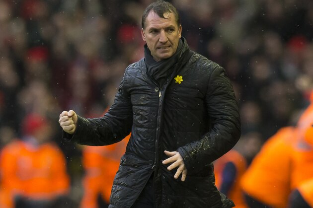 Liverpool's manager Brendan Rodgers celebrates after his team's 2-1 win against Manchester City in the English Premier League soccer match between Liverpool and Manchester City at Anfield Stadium, Liverpool, England, Sunday, March 1, 2015. (AP Photo/Jon Super)