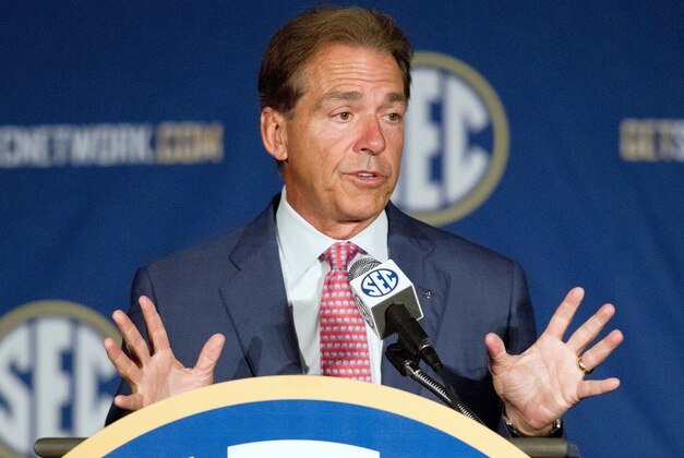 Jul 17, 2014; Hoover, AL, USA; Alabama Crimson Tide head coach Nick Saban talks to the media during the SEC football media days at the Wynfrey Hotel.  Mandatory Credit: Marvin Gentry-USA TODAY Sports