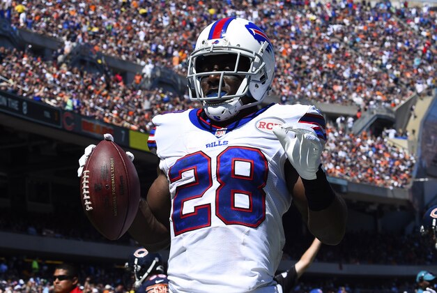 Sep 7, 2014; Chicago, IL, USA; Buffalo Bills running back C.J. Spiller (28) reacts after scoring a touchdown against the Chicago Bears during the second quarter at Soldier Field. Mandatory Credit: Mike DiNovo-USA TODAY Sports