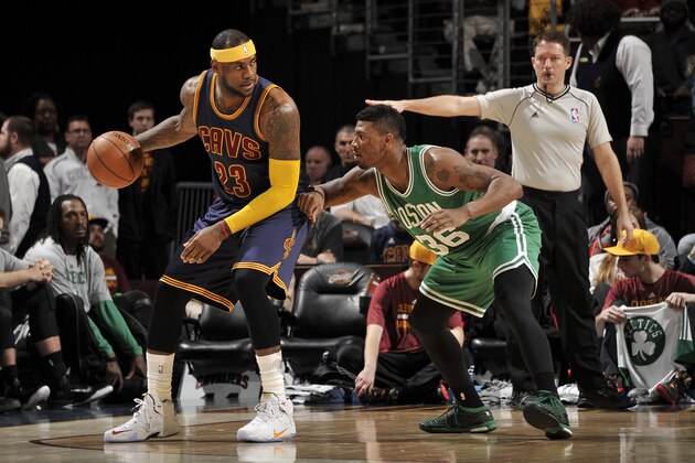 CLEVELAND, OH - MARCH 3: LeBron James #23 of the Cleveland Cavaliers handles the ball against the Boston Celtics on March 3, 2015 at Quicken Loans Arena in Cleveland, Ohio. NOTE TO USER: User expressly acknowledges and agrees that, by downloading and/or using this Photograph, user is consenting to the terms and conditions of the Getty Images License Agreement. Mandatory Copyright Notice: Copyright 2014 NBAE (Photo by David Liam Kyle/NBAE via Getty Images)