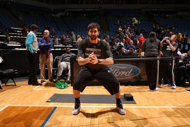 MINNEAPOLIS, MN - MARCH 2:  Ricky Rubio #9 of the Minnesota Timberwolves warms up before the game against the Los Angeles Clippers on March 2, 2015 at Target Center in Minneapolis, Minnesota. NOTE TO USER: User expressly acknowledges and agrees that, by downloading and or using this Photograph, user is consenting to the terms and conditions of the Getty Images License Agreement. Mandatory Copyright Notice: Copyright 2015 NBAE (Photo by Jordan Johnson/NBAE via Getty Images)