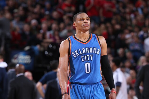 PORTLAND, OR - FEBRUARY 27: Russell Westbrook #0 of the Oklahoma City Thunder stands on the court during a game against the Portland Trail Blazers on February 27, 2015 at the Moda Center Arena in Portland, Oregon. NOTE TO USER: User expressly acknowledges and agrees that, by downloading and or using this photograph, user is consenting to the terms and conditions of the Getty Images License Agreement. Mandatory Copyright Notice: Copyright 2015 NBAE (Photo by Sam Forencich/NBAE via Getty Images)