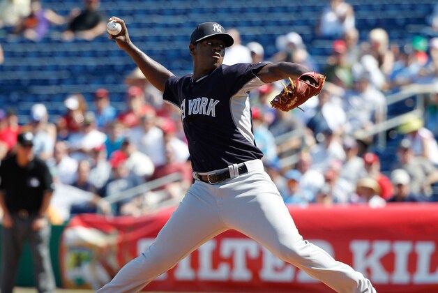 Mar 3, 2015; Clearwater, FL, USA; New York Yankees relief pitcher Luis Severino (91) throws a pitch during the third inning against the Philadelphia Phillies during a spring training baseball game at Bright House Field. Mandatory Credit: Kim Klement-USA TODAY Sports