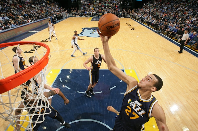 MEMPHIS, TN - MARCH 3: Rudy Gobert #27 of the Utah Jazz grabs a rebound against the Memphis Grizzlies on March 3, 2015 at FedExForum in Memphis, Tennessee. NOTE TO USER: User expressly acknowledges and agrees that, by downloading and or using this photograph, User is consenting to the terms and conditions of the Getty Images License Agreement. Mandatory Copyright Notice: Copyright 2015 NBAE (Photo by Joe Murphy/NBAE via Getty Images)