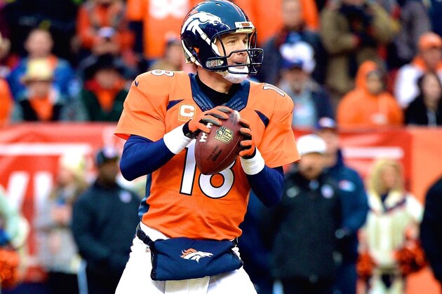 Denver Broncos quarterback Peyton Manning prepares to take the field prior to an NFL divisional playoff football game against the Indianapolis Colts, Sunday, Jan. 11, 2015, in Denver. (AP Photo/Jack Dempsey)