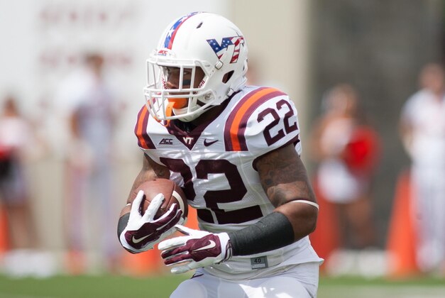 Sep 13, 2014; Blacksburg, VA, USA; Virginia Tech Hokies running back Shai McKenzie (22) runs the ball during the second quarter against the East Carolina Pirates at Lane Stadium. Mandatory Credit: Jeremy Brevard-USA TODAY Sports