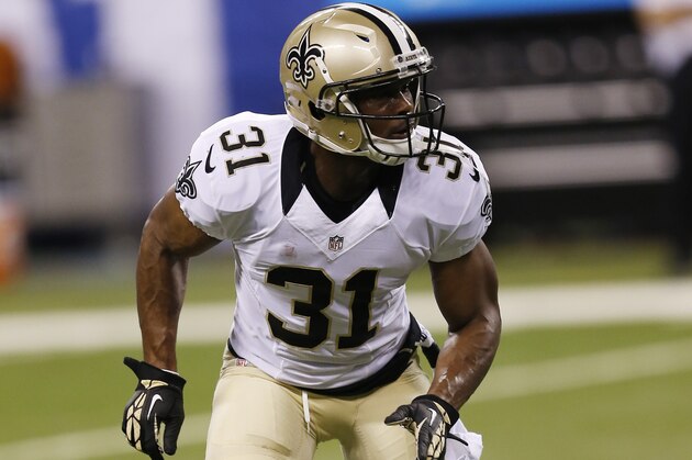 New Orleans Saints free safety Jairus Byrd before an preseason NFL football game in Indianapolis, Saturday, Aug. 23, 2014. (AP Photo/Sam Riche)