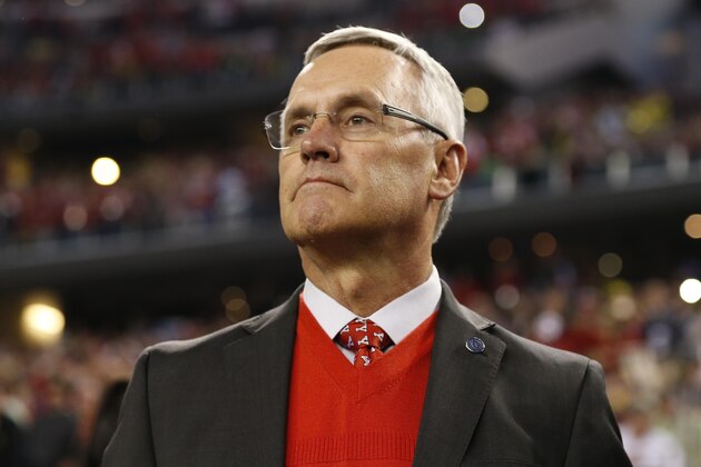 Jan 12, 2015; Arlington, TX, USA; Ohio State Buckeyes former head coach Jim Tressel in attendance before the 2015 CFP National Championship Game against the Oregon Ducks at AT&T Stadium. Mandatory Credit: Matthew Emmons-USA TODAY Sports