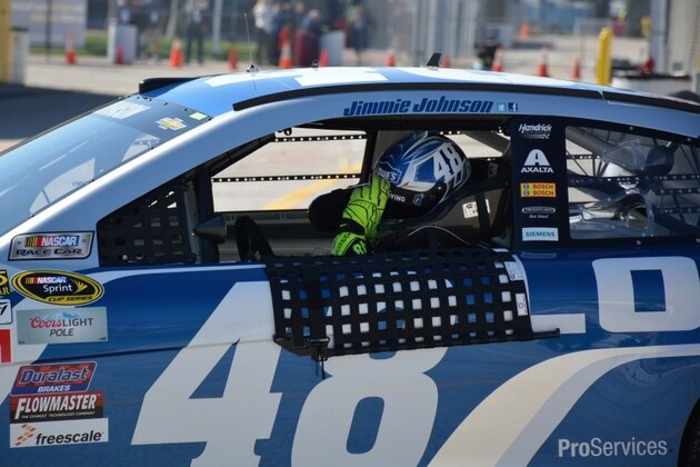 Jimmie Johnson returns to garage after practice in Daytona.