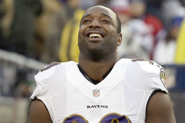Baltimore Ravens defensive end Chris Canty (99) before an NFL divisional playoff football game against the New England Patriots Saturday, Jan. 10, 2015, in Foxborough, Mass. (AP Photo/Steven Senne)