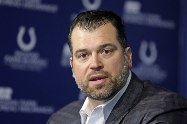 FILE - In this Jan. 23, 2015, file photo, Indianapolis Colts General Manager Ryan Grigson speaks at a news conference in Indianapolis. Grigson will go anywhere and do anything to find good football players. His global approach regularly takes Colts’ scouts to all around the world, and three seasons into his first gig as a general manager, Grigson is convinced this could be the future of the NFL. (AP Photo/Michael Conroy, File)