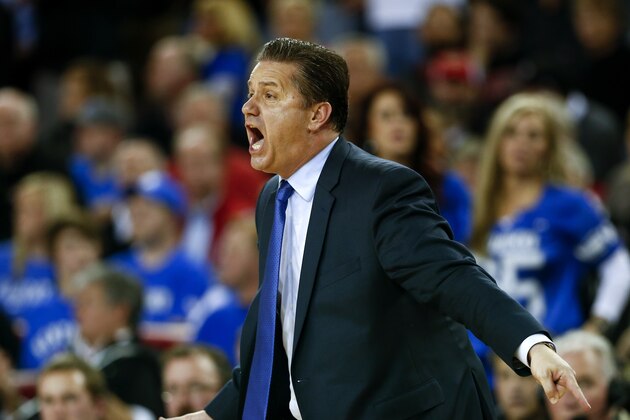 Kentucky head coach John Calipari yells in the second half of an NCAA college basketball game against Georgia  Tuesday, March 3, 2015, in Athens, Ga. Kentucky won 72-64 and improved their record to 30-0. (AP Photo/John Bazemore)