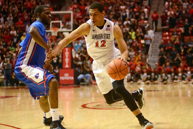 SAN DIEGO, CA - FEBRUARY 28:  Trey Kell #12 of the San Diego State Aztecs dribbles the ball in the second half of the game against the Boise State Broncos at Viejas Arena on February 28, 2015 in San Diego, California. (Photo by Kent C. Horner/Getty Images)