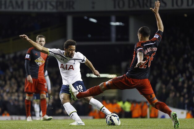 Tottenham's Mousa Dembele, left, competes for the ball with Swansea's Kyle Naughton during the English Premier League soccer match between Tottenham Hotspur and Swansea City at White Hart Lane stadium in London, Wednesday, March 4, 2015. (AP Photo/Kirsty Wigglesworth)