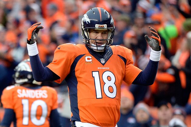 DENVER, CO - JANUARY 11:  Peyton Manning #18 of the Denver Broncos reacts against the Indianapolis Colts during a 2015 AFC Divisional Playoff game at Sports Authority Field at Mile High on January 11, 2015 in Denver, Colorado.  (Photo by Harry How/Getty Images)
