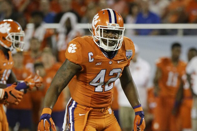 Clemson linebacker Stephone Anthony (42) moves against Oklahoma during the second half of the Russell Athletic Bowl NCAA college football game in Orlando, Fla., Monday, Dec. 29, 2014. Clemson won 40-6. (AP Photo/John Raoux) Clemson linebacker Stephone Anthony (42) moves against Oklahoma during the second half of the Russell Athletic Bowl NCAA college football game in Orlando, Fla., Monday, Dec. 29, 2014. Clemson won 40-6. (AP Photo/John Raoux)