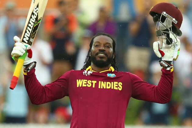 CANBERRA, AUSTRALIA - FEBRUARY 24:  Chris Gayle of West Indies celebrates his double century during the 2015 ICC Cricket World Cup match between the West Indies and Zimbabwe at Manuka Oval on February 24, 2015 in Canberra, Australia.  (Photo by Mark Kolbe/Getty Images)