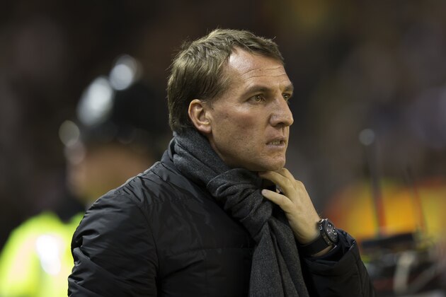 Liverpool's manager Brendan Rodgers takes to the touchline before his team's Europa League Round of 32 soccer match between Liverpool and Besiktas at Anfield Stadium in Liverpool, England, Thursday, Feb. 19, 2015. (AP Photo/Jon Super)