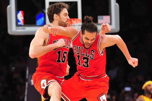 January 29, 2015; Los Angeles, CA, USA; Chicago Bulls forward Pau Gasol (16) reacts with center Joakim Noah (13) after scoring a basket against the Los Angeles Lakers during the second half at Staples Center. Mandatory Credit: Gary A. Vasquez-USA TODAY Sports