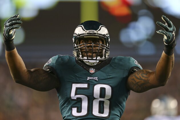 PHILADELPHIA, PA - NOVEMBER 10: Trent Cole #58 of the Philadelphia Eagles reacts after sacking Cam Newton (not pictured) of the Carolina Panthers on November 10, 2014 at Lincoln Financial Field in Philadelphia, Pennsylvania. (Photo by Elsa/Getty Images)