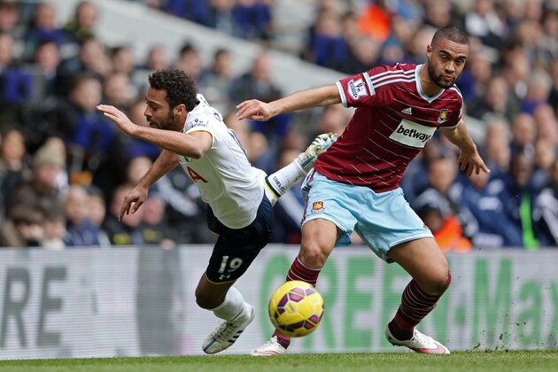 LONDON, ENGLAND - FEBRUARY 22:  Mousa Dembele of Spurs goes down under the challenge from Winston Reid of West Ham during the Barclays Premier League match between Tottenham Hotspur and West Ham United at White Hart Lane on February 22, 2015 in London, England.  (Photo by Clive Mason/Getty Images)