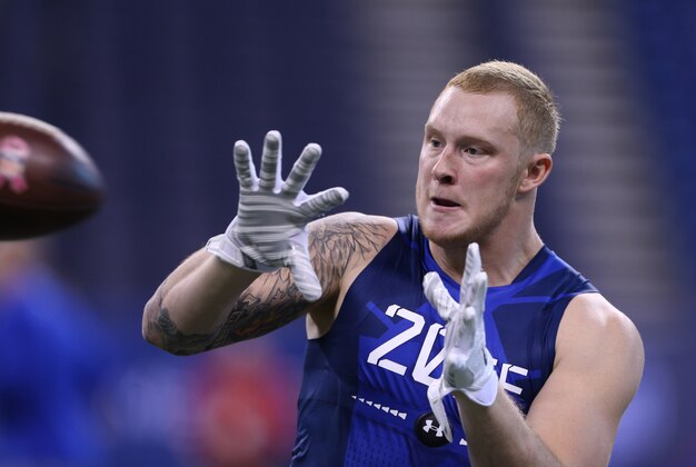 Feb 20, 2015; Indianapolis, IN, USA; Minnesota Golden Gophers tight end Maxx Williams catches a pass during the 2015 NFL Combine at Lucas Oil Stadium. Mandatory Credit: Brian Spurlock-USA TODAY Sports
