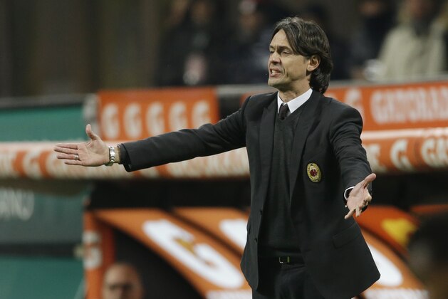 AC Milan coach Filippo Inzaghi gestures during an Italian Cup, quarterfinal match, between AC Milan and Lazio, at the San Siro stadium in Milan, Italy, Tuesday, Jan. 27 , 2015. (AP Photo/Luca Bruno)