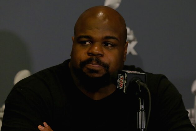 CHANDLER, AZ - JANUARY 26:  Vince Wilfork #75 of the New England Patriots speaks during the New England Patriots Media Availabiltiy on January 26, 2015 in Chandler, Arizona.  (Photo by Elsa/Getty Images)