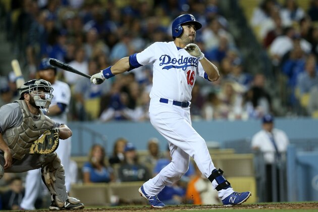LOS ANGELES, CA - SEPTEMBER 27:  Andre Ethier #16 of the Los Angeles Dodgers hits an RBI double in the fifth inning against the Colorado Rockies at Dodger Stadium on September 27, 2014 in Los Angeles, California.  (Photo by Stephen Dunn/Getty Images)