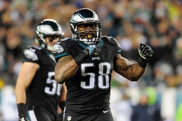 PHILADELPHIA, PA - DECEMBER 07:   Trent Cole #58 of the Philadelphia Eagles reacts against the Seattle Seahawks during the second half of the game at Lincoln Financial Field on December 7, 2014 in Philadelphia, Pennsylvania.  (Photo by Evan Habeeb/Getty Images)
