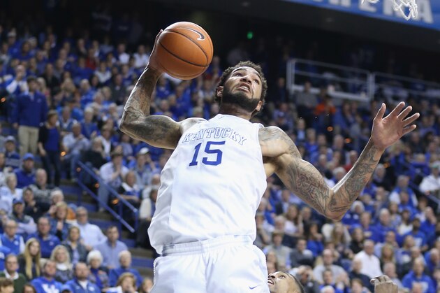 LEXINGTON, KY - FEBRUARY 28:  Willie Cauley-Stein #15 of the Kentucky Wildcats grabs a rebound during the game against the Arkansas Razorbacks at Rupp Arena on February 28, 2015 in Lexington, Kentucky.  (Photo by Andy Lyons/Getty Images)