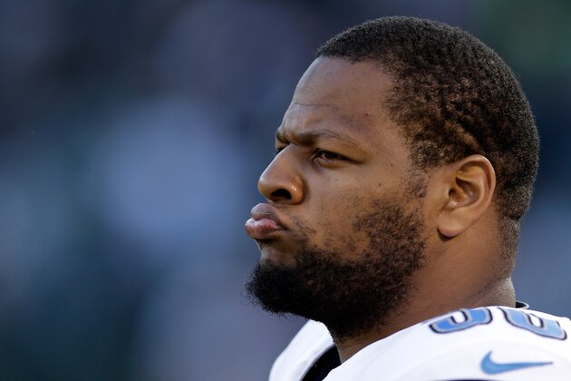 OAKLAND, CA - AUGUST 15:  Defensive tackle Ndamukong Suh #90 of the Detroit Lions looks on against the Oakland Raiders during their preseason game at O.co Coliseum on August 15, 2014 in Oakland, California.  (Photo by Ezra Shaw/Getty Images)