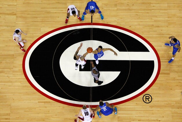 ATHENS, GA - MARCH 03:  Marcus Thornton #2 of the Georgia Bulldogs contests the opening tip against Karl-Anthony Towns #12 of the Kentucky Wildcats at Stegeman Coliseum on March 3, 2015 in Athens, Georgia.  (Photo by Kevin C. Cox/Getty Images)
