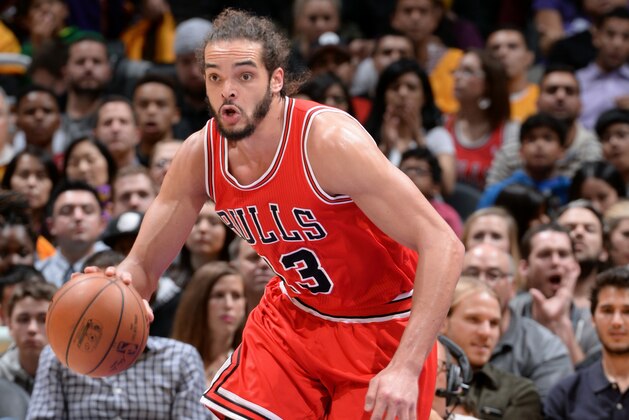 LOS ANGELES, CA - JANUARY 29: Joakim Noah #13 of the Chicago Bulls drives against the Los Angeles Lakers at STAPLES Center on January 29, 2015 in Los Angeles, California. NOTE TO USER: User expressly acknowledges and agrees that, by downloading and/or using this Photograph, user is consenting to the terms and conditions of the Getty Images License Agreement. Mandatory Copyright Notice: Copyright 2015 NBAE (Photo by Andrew D. Bernstein/NBAE via Getty Images)