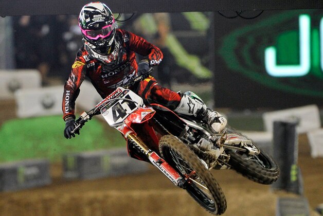 LAS VEGAS, NV - OCTOBER 18:  Supercross rider #41 Trey Canard races during the first heat of the main event at the Monster Energy Cup at Sam Boyd Stadium on October 18, 2014 in Las Vegas, Nevada.  (Photo by David Becker/Getty Images)