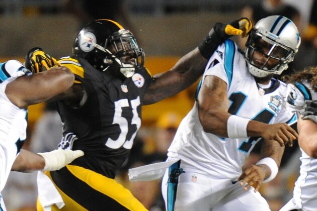 Pittsburgh Steelers outside linebacker Arthur Moats (55) pressures Carolina Panthers quarterback Joe Webb (14) in the third quarter of the NFL preseason football game on Thursday, Aug. 28, 2014 in Pittsburgh. (AP Photo/Don Wright)