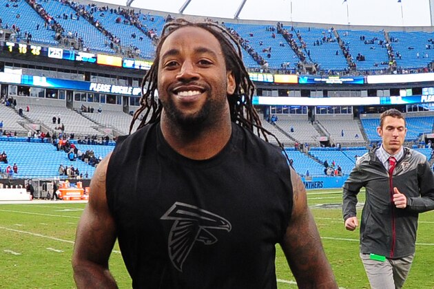 CHARLOTTE, NC - NOVEMBER 16: Charles Godfrey #30 of the Atlanta Falcons celebrates after the game against the Carolina Panthers at Bank Of America Stadium on November 16, 2014 in Charlotte, North Carolina. (Photo by Scott Cunningham/Getty Images)