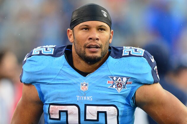 Sep 29, 2013; Nashville, TN, USA; Tennessee Titans running back Jackie Battle (22) rests in the Titans bench area in a game against the New York Jets during the second half at LP Field. The Titans beat the Jets 38-13. Mandatory Credit: Don McPeak-USA TODAY Sports