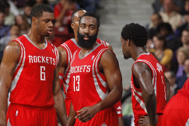 SACRAMENTO, CA - FEBRUARY 25: Terrence Jones #6 and James Harden #13 of the Houston Rockets in a game against the Sacramento Kings on February 25, 2014 at Sleep Train Arena in Sacramento, California. NOTE TO USER: User expressly acknowledges and agrees that, by downloading and or using this photograph, User is consenting to the terms and conditions of the Getty Images Agreement. Mandatory Copyright Notice: Copyright 2014 NBAE (Photo by Rocky Widner/NBAE via Getty Images)
