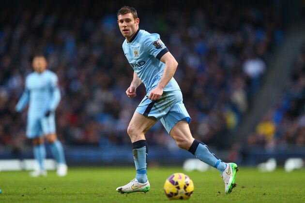 MANCHESTER, ENGLAND - JANUARY 18:  James Milner of Manchester City during the Barclays Premier League match between Manchester City and Arsenal at the Etihad Stadium on January 18, 2015 in Manchester, England.  (Photo by Michael Steele/Getty Images)