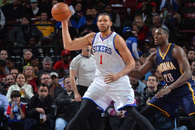 PHILADELPHIA,PA - FEBRUARY 20: JaVale McGee #1 of the Philadelphia 76ers looks to pass the ball against the Indiana Pacers at Wells Fargo Center on February 20, 2015 in Philadelphia, Pennsylvania NOTE TO USER: User expressly acknowledges and agrees that, by downloading and/or using this Photograph, user is consenting to the terms and conditions of the Getty Images License Agreement. Mandatory Copyright Notice: Copyright 2015 NBAE (Photo by Jesse D. Garrabrant/NBAE via Getty Images)