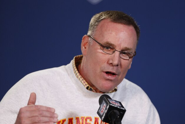 Feb 21, 2014; Indianapolis, IN, USA; Kansas City Chiefs general manager John Dorsey speaks to the media in a press conference during the 2014 NFL Combine at Lucas Oil Stadium. Mandatory Credit: Brian Spurlock-USA TODAY Sports