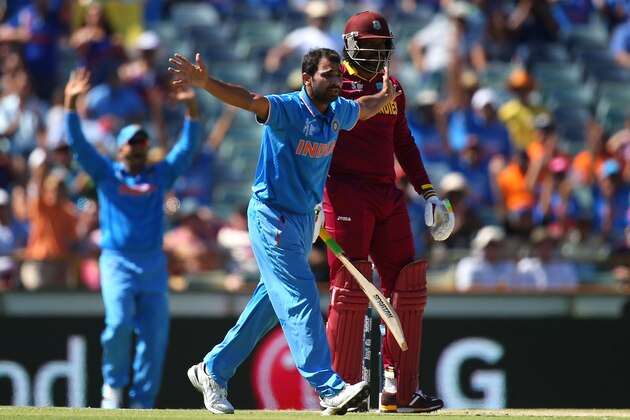PERTH, AUSTRALIA - MARCH 06: Mohammed Shami of India appeals unsuccessfully for the wicket of Chris Gayle of the West Indies during the 2015 ICC Cricket World Cup match between India and the West Indies at WACA on March 6, 2015 in Perth, Australia.  (Photo by Paul Kane/Getty Images)
