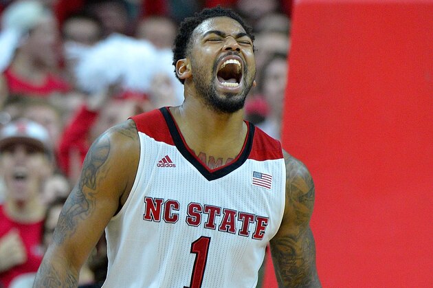RALEIGH, NC - JANUARY 25: Trevor Lacey #1 of the North Carolina State Wolfpack reacts during a loss to the Notre Dame Fighting Irish at PNC Arena on January 25, 2015 in Raleigh, North Carolina. Notre Dame won 81-78 in overtime.  (Photo by Grant Halverson/Getty Images)