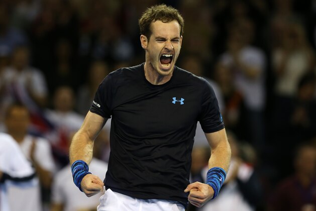 GLASGOW, SCOTLAND - MARCH 06:  Andy Murray of The Aegon GB Davis Cup Team celebrates match point against Donald Young of the United States during Day 1 of the Davis Cup match between GB and USA at Emirates Arena on March 6, 2015 in Glasgow, Scotland.  (Photo by Jan Kruger/Getty Images)