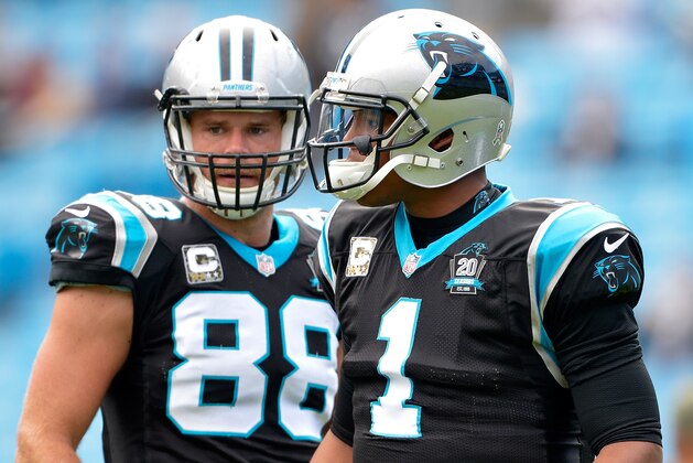 CHARLOTTE, NC - NOVEMBER 16:  Cam Newton #1 and Greg Olsen #88 of the Carolina Panthers warm up before their game against the Atlanta Falcons at Bank of America Stadium on November 16, 2014 in Charlotte, North Carolina.  (Photo by Grant Halverson/Getty Images)