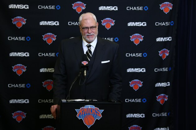 NEW YORK, NY - JANUARY 10:   President of the New York Knicks, Phil Jackson, speaks at a press conference before the game against the Charlotte Hornets on January 10, 2015 at Madison Square Garden in New York City, New York.  NOTE TO USER: User expressly acknowledges and agrees that, by downloading and or using this photograph, User is consenting to the terms and conditions of the Getty Images License Agreement. Mandatory Copyright Notice: Copyright 2015 NBAE  (Photo by Nathaniel S. Butler/NBAE via Getty Images)